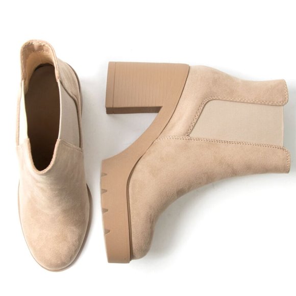 New Beige Wheat Chelsea Elastic Platform Chunky Heel Ankle Boots Booties - Picture 3 of 3